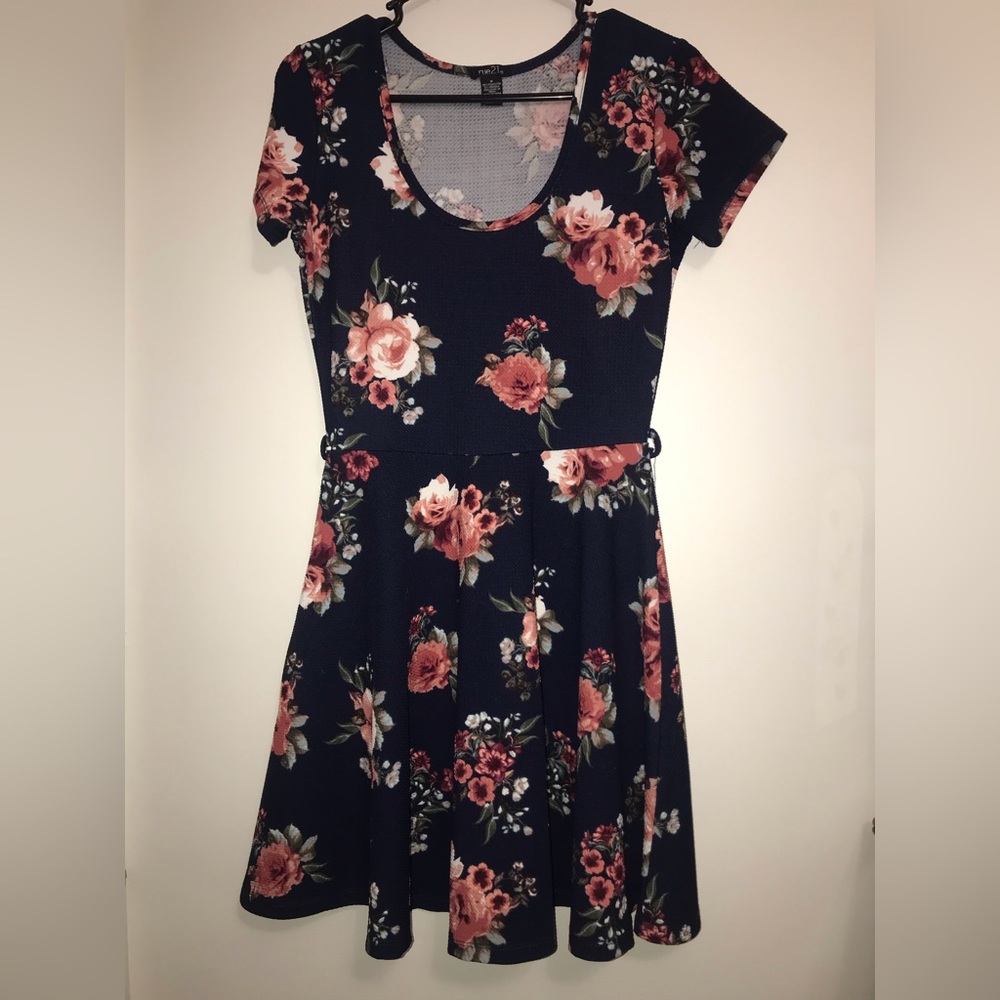 Blue dress. Pink floral print. Textured with belt loops. Medium, Rue 21.